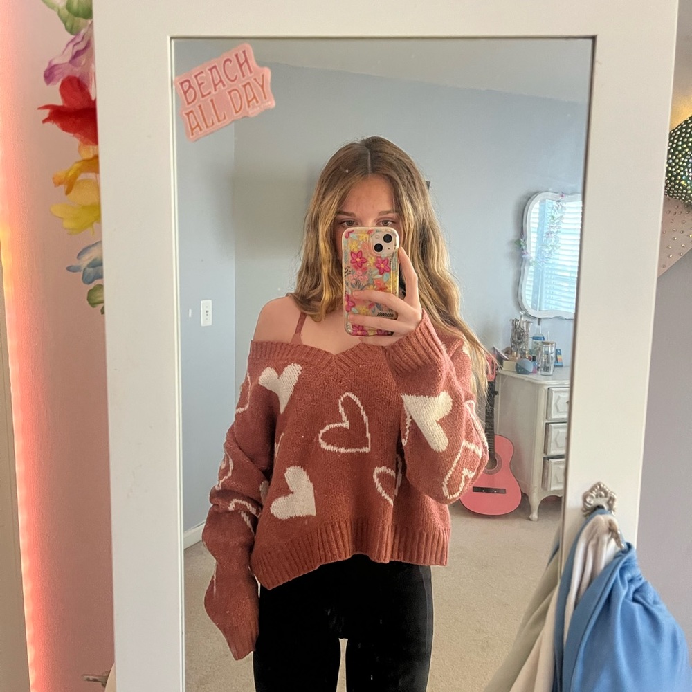 Heart Patterned Off-Shoulder Sweater